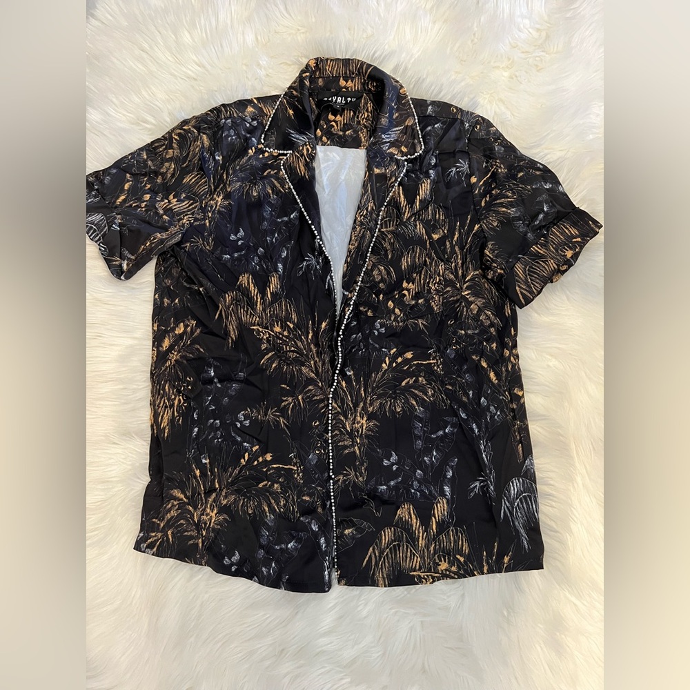 Royalty By Maluma Black and Gold Tropical Print Shirt